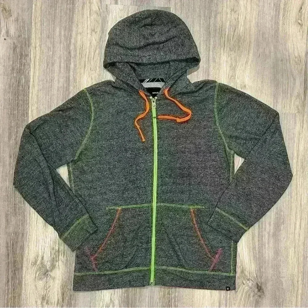 Hurley Gray Zip Up Hoodie Sweatshirt Long Sleeve Hood Colorful Stitching Size M